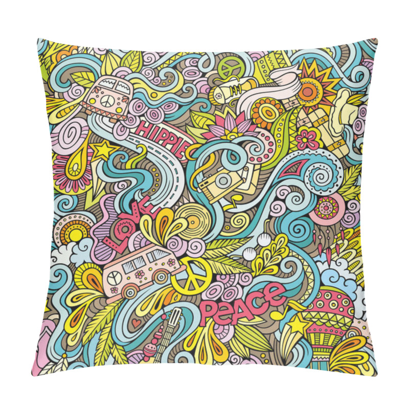 Personality  Cartoon Hand-drawn Doodles On The Subject Of Hippie Style Theme Seamless Pattern. Colorful Vector Background Pillow Covers