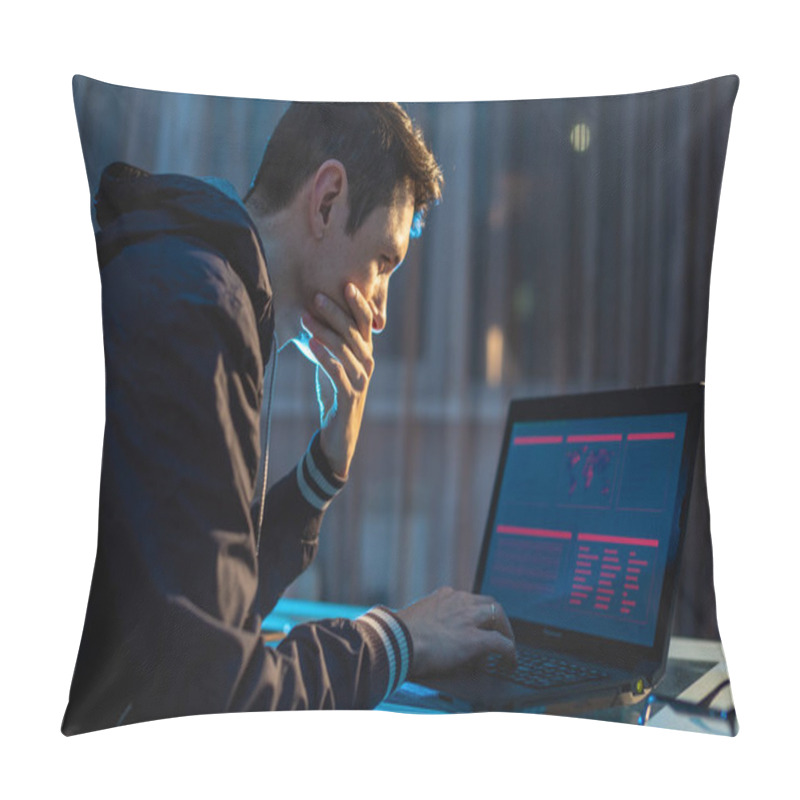 Personality  Male Hacker Thinking About The Problem Of Hacking And Stealing Access Databases With Passwords. Concept Of Cybersecurity Pillow Covers