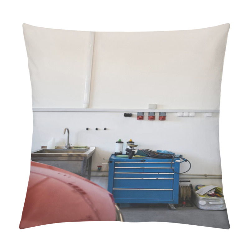 Personality  Red Car In Modern Well Lit Garage Next To Sink And Tools. Pillow Covers