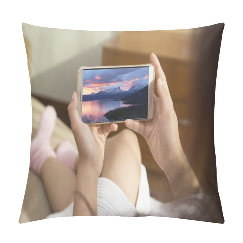 Personality  Beautiful Woman Playing Phone On Bed Happily In Morning. She Was Looking At The Sights Of Sweden On Mobile Phone. Pillow Covers