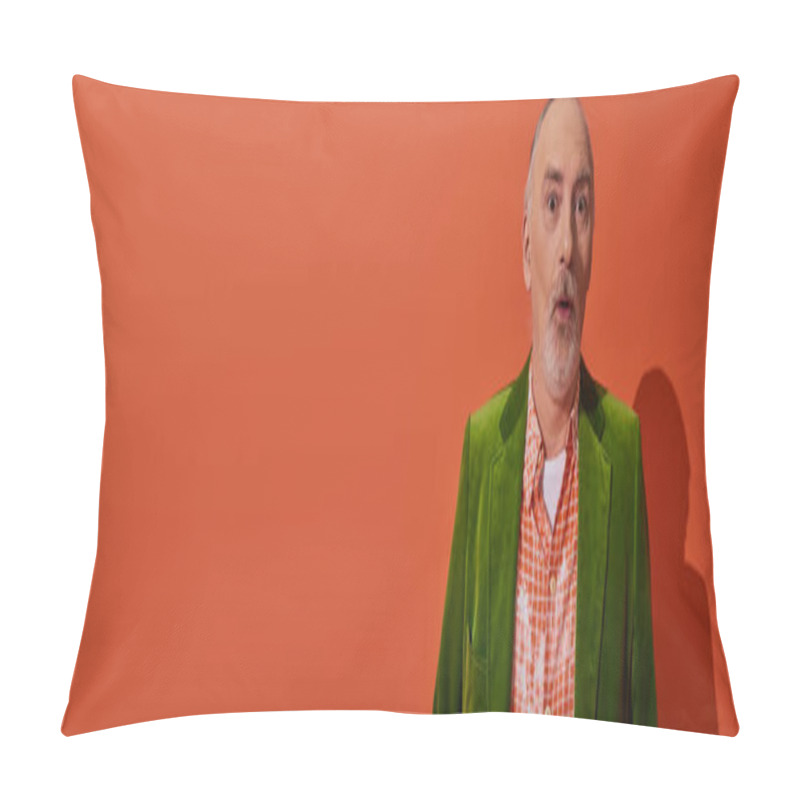 Personality  Trendy Senior Man With Shocked Face Expression Looking At Camera On Red Orange Background, Grey Hair And Beard, Green Velour Blazer, Fashion And Age Concept, Banner With Copy Space Pillow Covers