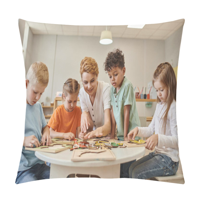 Personality  Smiling Teacher Playing With Multiethnic Kids Near Game On Table In Montessori School Pillow Covers