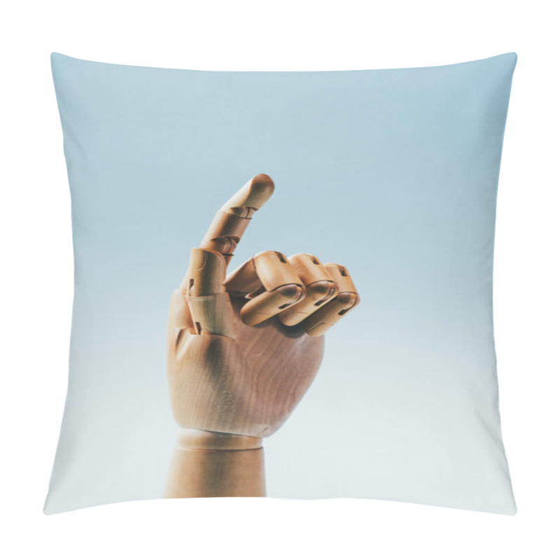 Personality  Close Up View Of Wooden Puppet Hand Isolated On Blue Pillow Covers