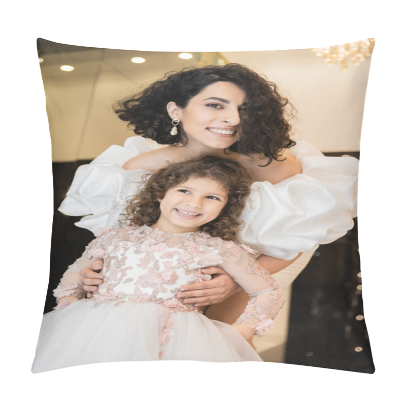 Personality  Gorgeous Middle Eastern Bride With Brunette Hair Standing In White Wedding Dress With Puff Sleeves And Ruffles Behind Cute Daughter And Smiling Together In Bridal Store, Looking At Camera  Pillow Covers