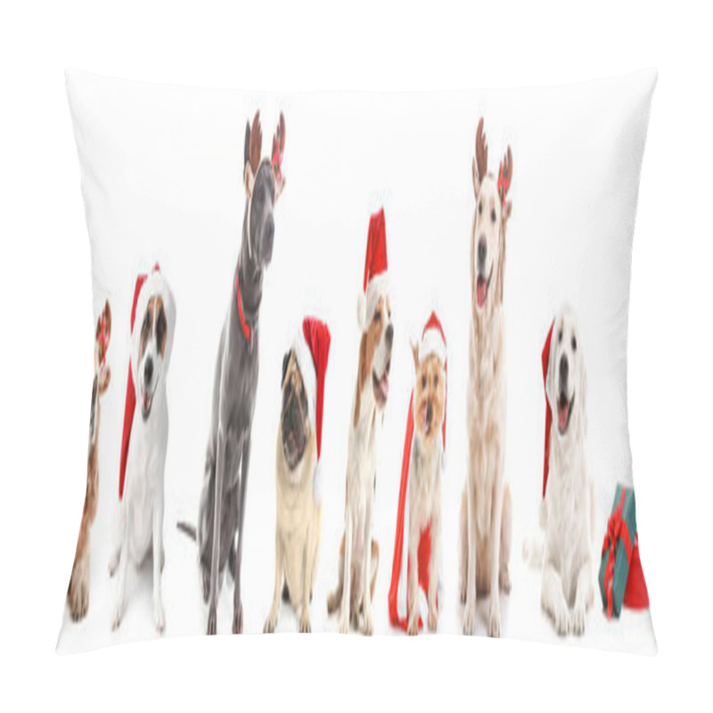 Personality  Dogs In Santa Claus Hats And With Christmas Gifts On White Background Pillow Covers