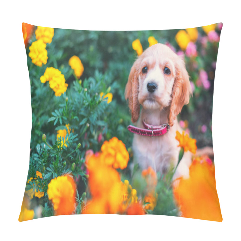 Personality  Happy Little Cocker Spaniel Puppy Sitting Outdoors In A Flower Garden Pillow Covers