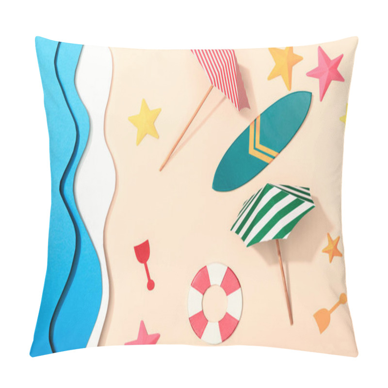 Personality  Top View Of Paper Beach With Summer Umbrellas, Lifebuoy And Surfboard On Sand Near Ocean Pillow Covers