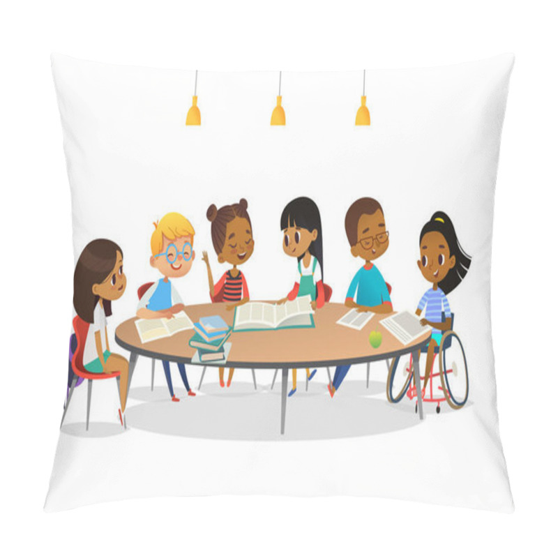 Personality  Smiling Disabled Girl In Wheelchair And Her School Friends Sitting Around Round Table, Reading Books And Talk To Each Other. Concept Of Inclusive Activity. Cartoon Vector Illustration For Banner. Pillow Covers