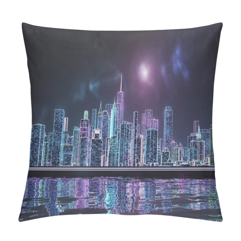 Personality  Retrowave Or Synthwave New York City Manhattan Skyline 3D Rendering Illustration. Generic Futuristic Neon Cityscape Concept. Pillow Covers