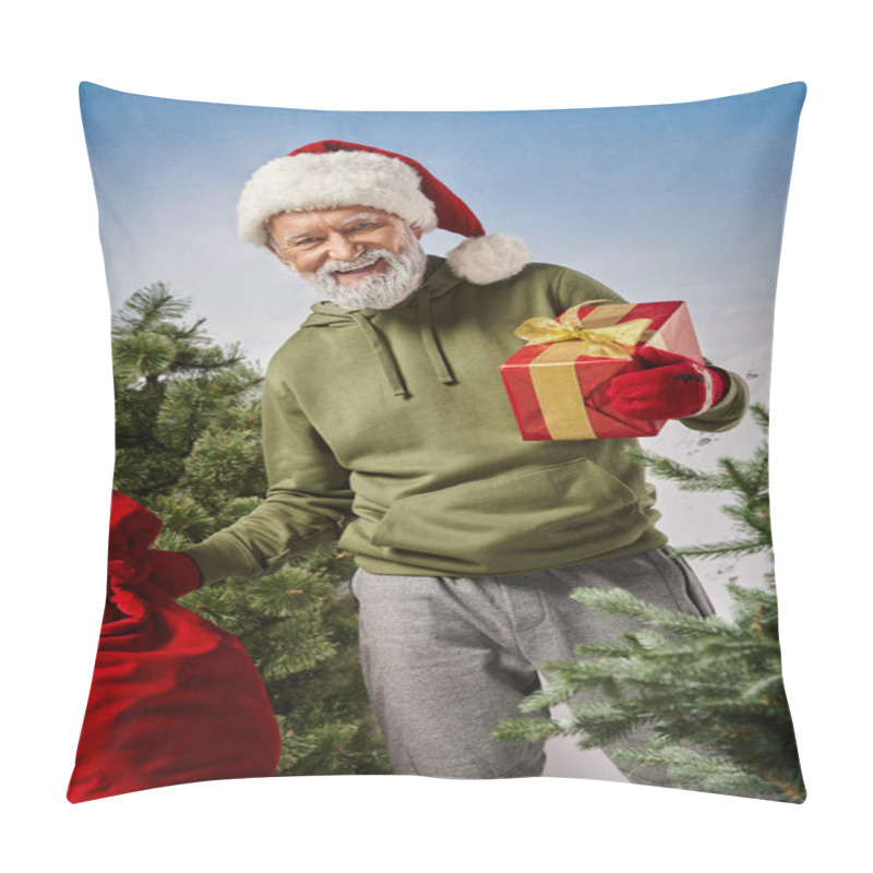 Personality  Joyful Santa Holding Present Bag And Red Gift In Hands And Smiling At Camera, Winter Concept Pillow Covers