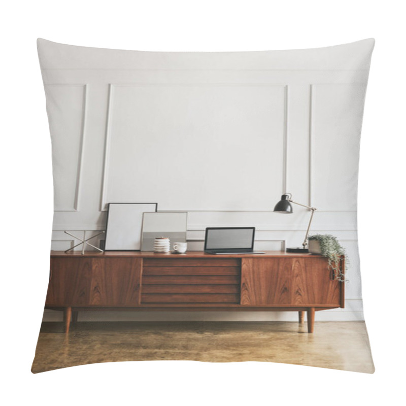 Personality  Wooden Cabinet Against A White Wall Pillow Covers