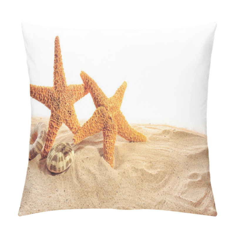 Personality  Sea Stars And Sea Shells On Sand Isolated On White Background Pillow Covers