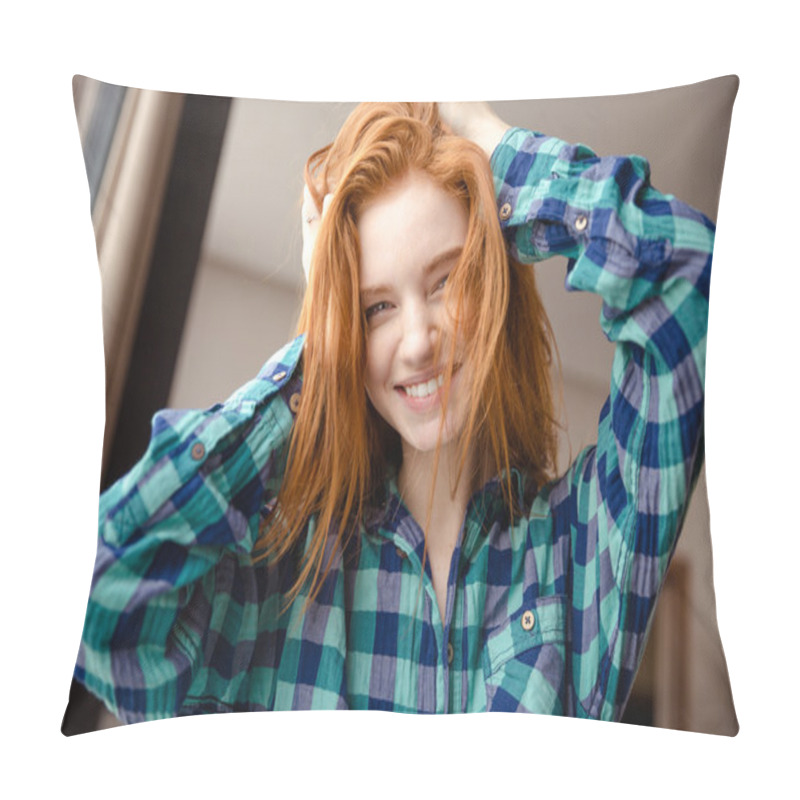 Personality  Amusing Funny Girl In Checkered Shirt With Tousled Red Hair Pillow Covers