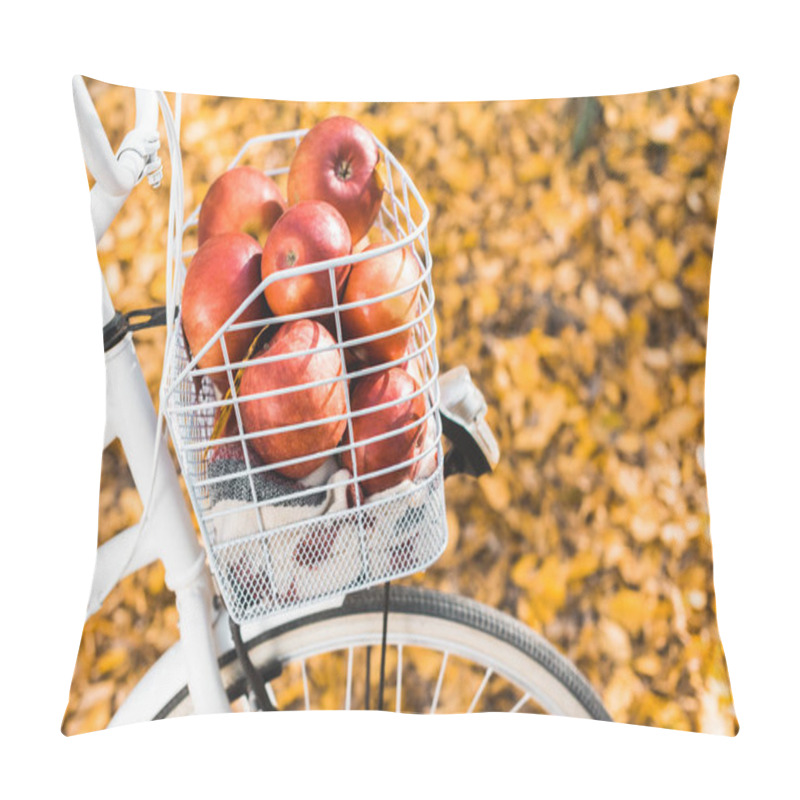 Personality  Selective Focus Of Bicycle With Basket Full Of Delicious Red Apples Outdoors  Pillow Covers