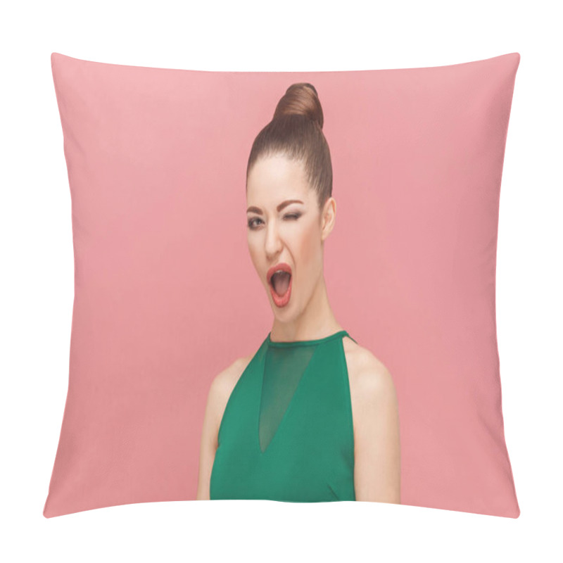 Personality  Beautiful Fashionable Woman Flirting And Winking At Camera On Pink Background, Expression Emotion And Feelings Concept Pillow Covers