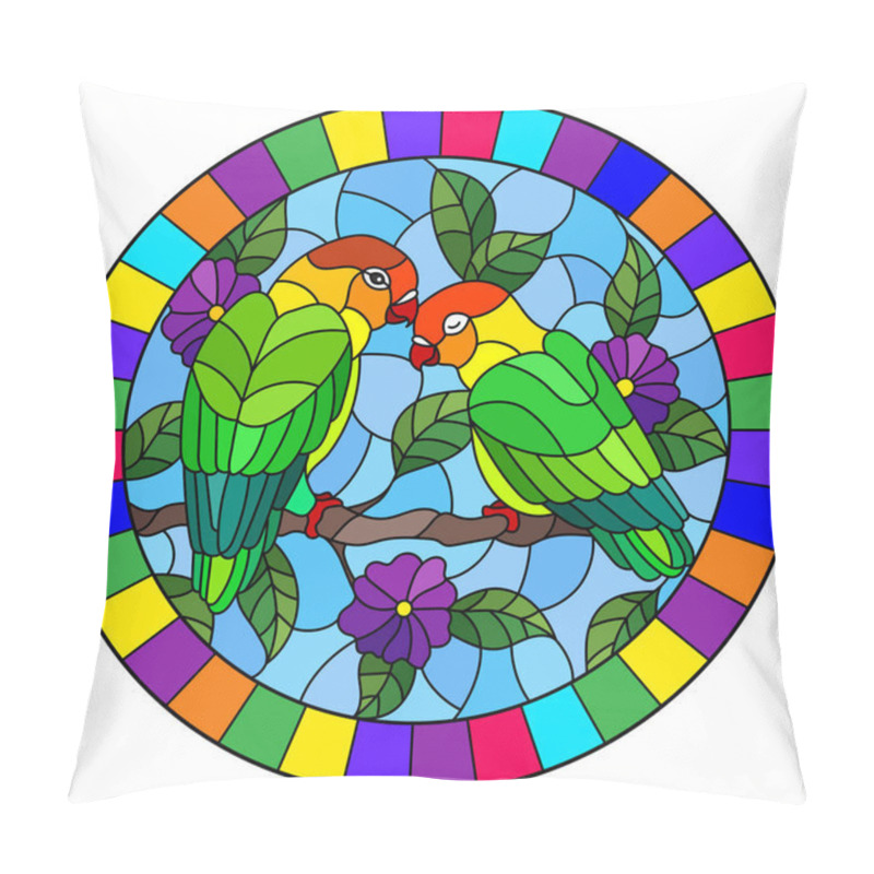 Personality  Illustration In Stained Glass Style  With Pair Of Birds Parrots Lovebirds On Branch  Tree With Purple  Flowers Against The Sky, Oval Image In Bright Frame Pillow Covers