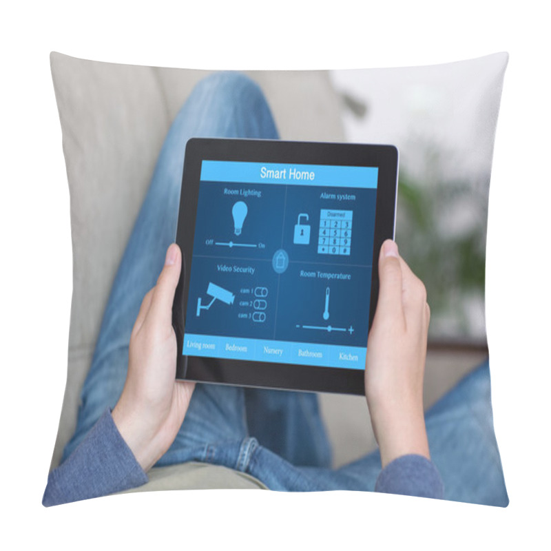 Personality  Man Holding Tablet With Program Smart Home On The Screen Pillow Covers