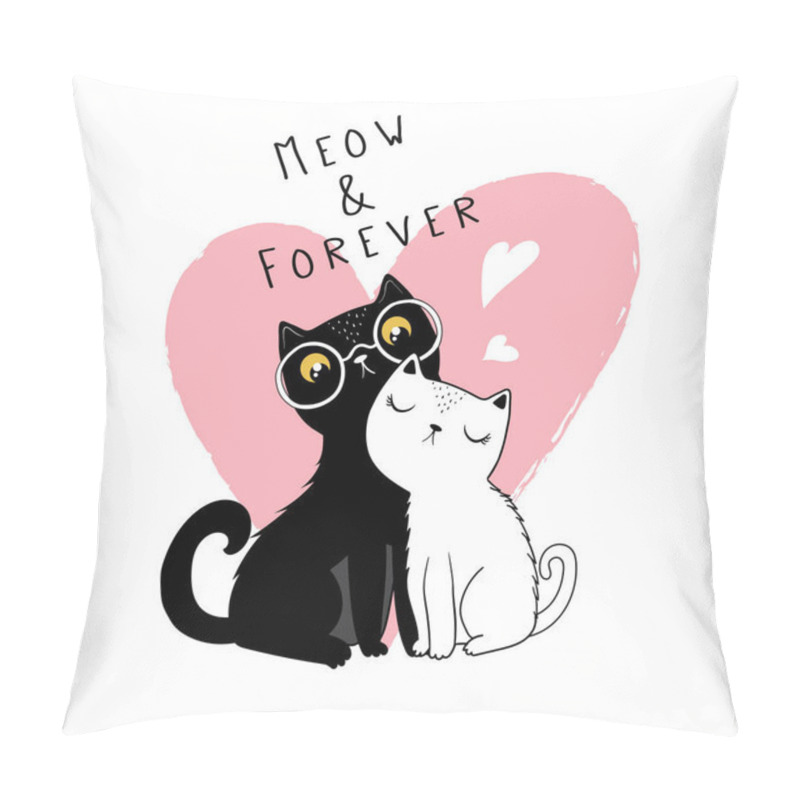 Personality  Two Cute Cats In Love With Pink Heart And Lettering. Vector Illustration Pillow Covers