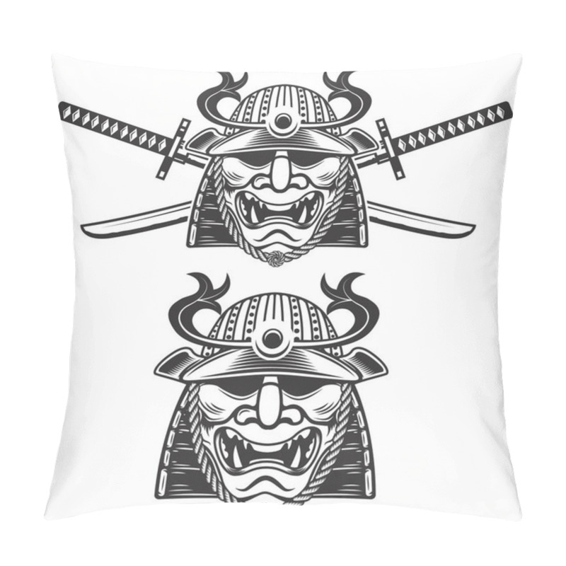 Personality  Set Of The Samurai Mask With Crossed Swords Isolated On White Background. Design Elements For Logo, Label, Emblem, Sign, Brand Mark.  Pillow Covers