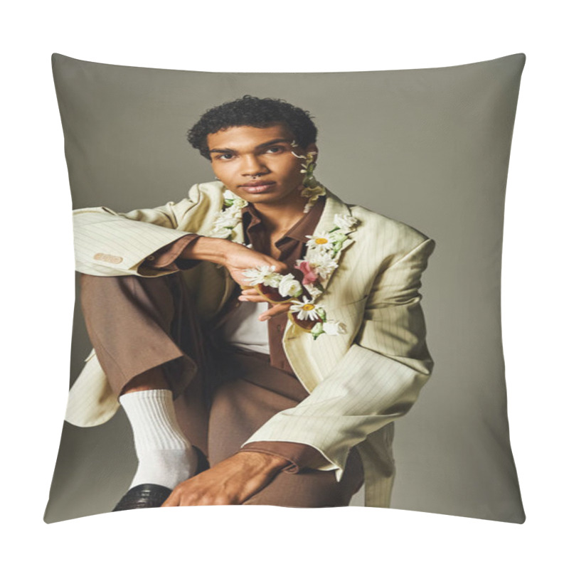 Personality  A Young African American Man In A Stylish Blazer Adorned With Flowers Poses Against A Grey Background. Pillow Covers