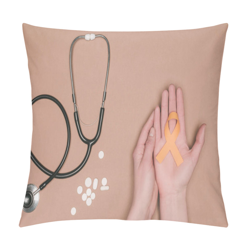 Personality  Cropped Shot Of Female Hands With Leukemia, Kidney Cancer, Multiple Sclerosis RSD Awareness Ribbon, Pills And Stethoscope Isolated On Beige Tabletop Pillow Covers