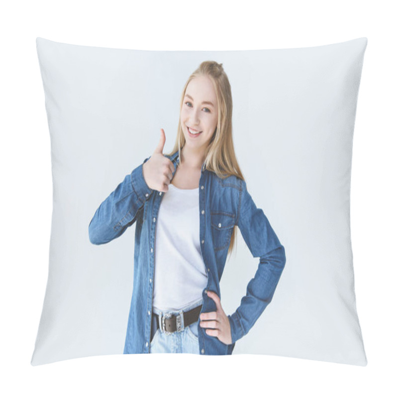 Personality  Teenage Girl Showing Thumb Up Pillow Covers