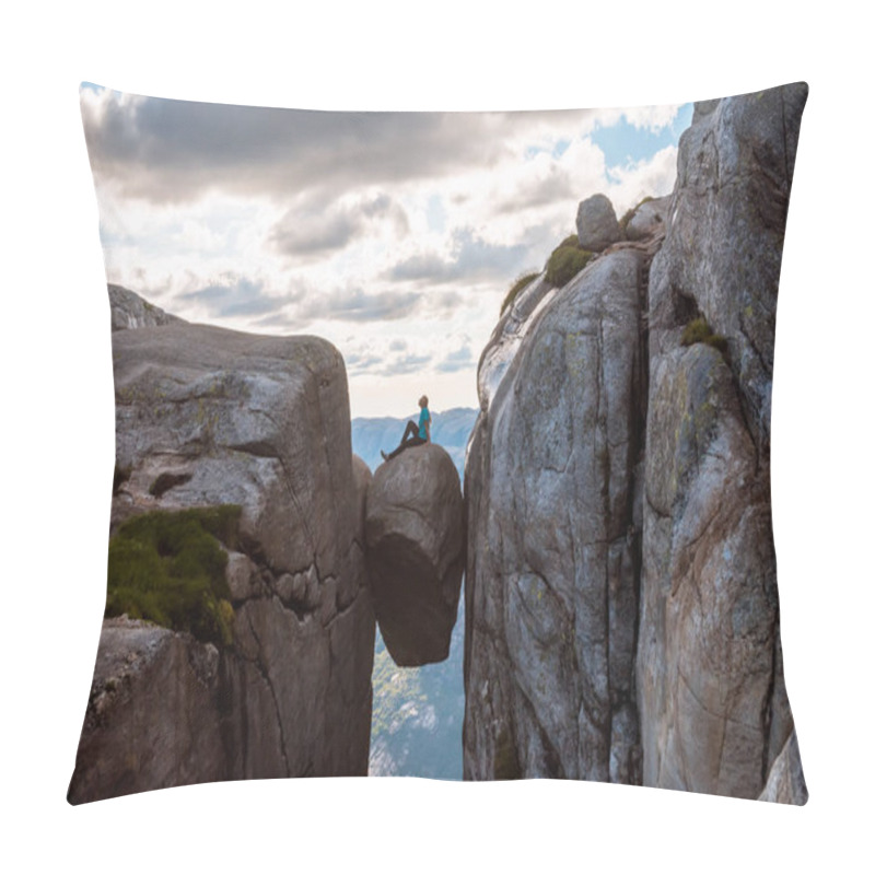 Personality  Woman On Kjeragbolten Travel In Norway Pillow Covers