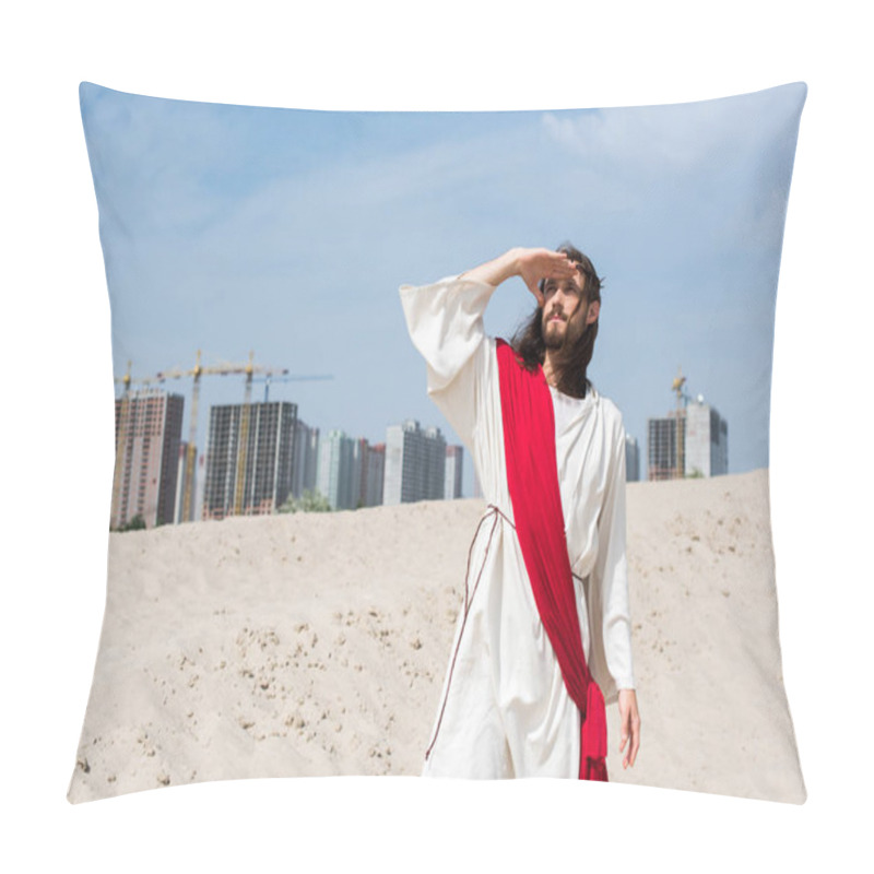 Personality  Jesus In Robe, Red Sash And Crown Of Thorns Standing On Sand And Looking Up With Buildings On Background Pillow Covers