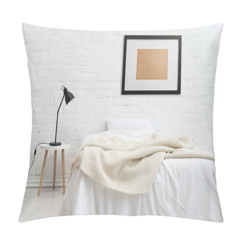 Personality  Modern Bedroom With Bed And Black Frame On White Brick Wall  Pillow Covers