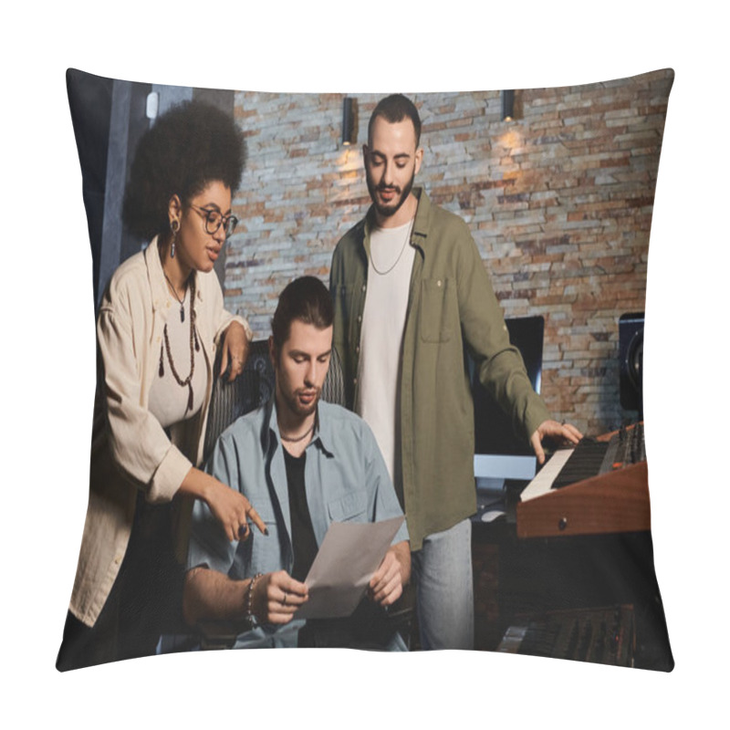 Personality  Three Individuals In A Recording Studio Scrutinizing A Sheet Of Music. Pillow Covers