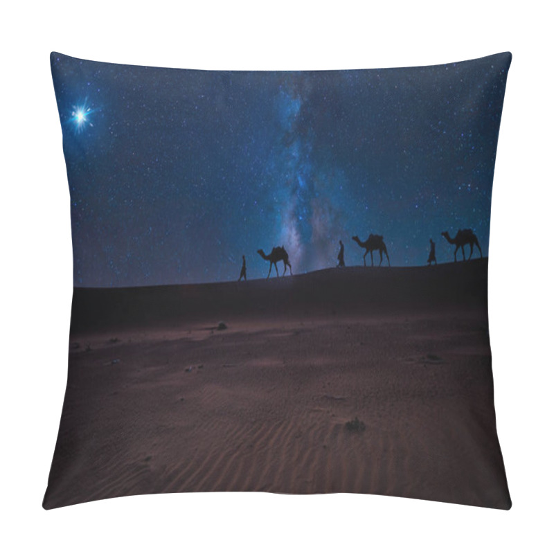 Personality  Christmas Jesus Birth Concept - Adoration Of The Magi, Three Wise Men, Three Kings, And The Three Biblical Magi With Camel Silhouettes Journeying In Sand Dunes Of Desert Follow Bethlehem Star At Night Pillow Covers