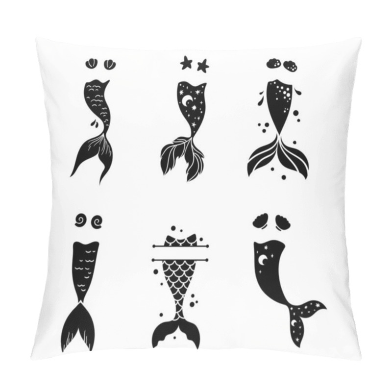 Personality  Little Mermaid Tail Isolated Clipart Bundle, Baby Mermaid Decor, Sea Underwater Life Black And White Vector Graphic, Magic Fish Tail And Monogram Frame Items Pillow Covers