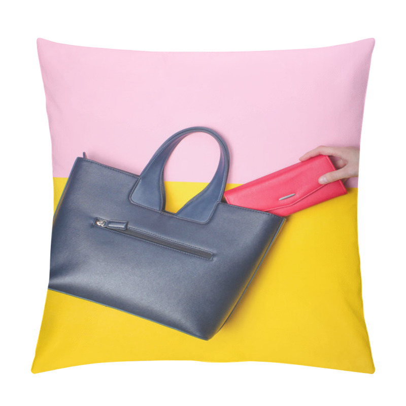 Personality  Female Hand Takes Red Wallet From Leather Bag On Pastel Background. Top View, Flat Lay, Minimalism Pillow Covers