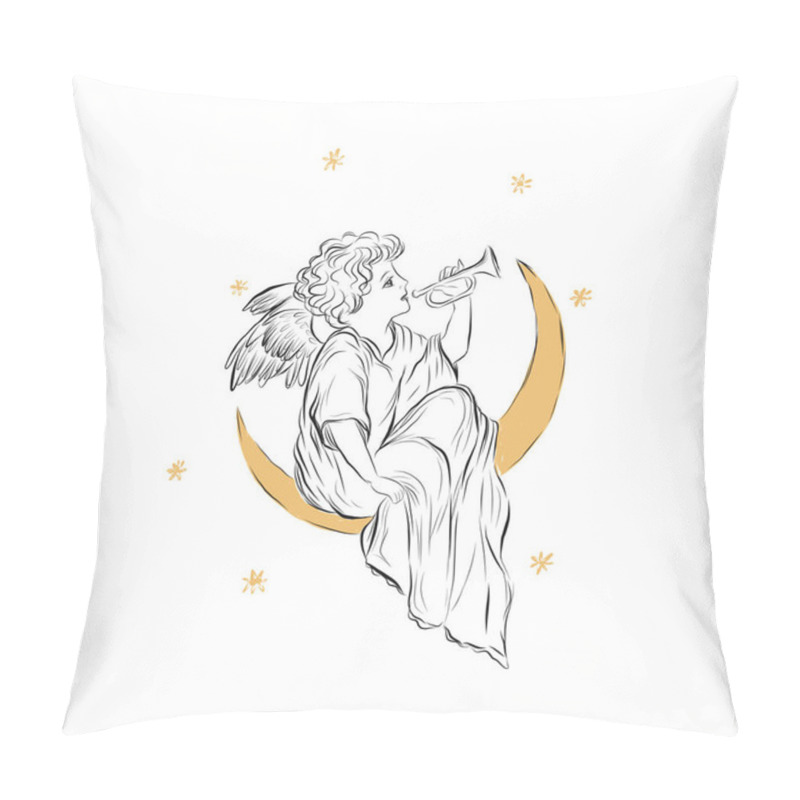 Personality   Angel Musician Blowing In Flute Sitting On Half Moon. Child Play On Wind Musical Instrument. Human God With Wings Flies On The Night Sky. Linear Drawing Of Adorable Character From Bible Pillow Covers