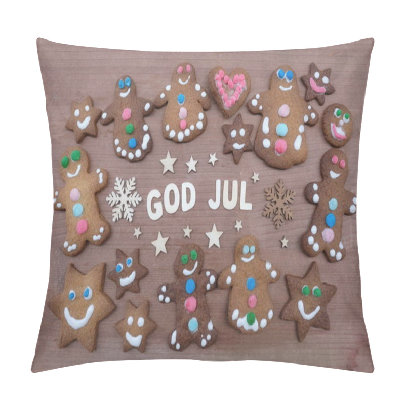 Personality  God Jul, Merry Christmas Message With Wooden Letters And Homemade Gingerbread Cookies Pillow Covers