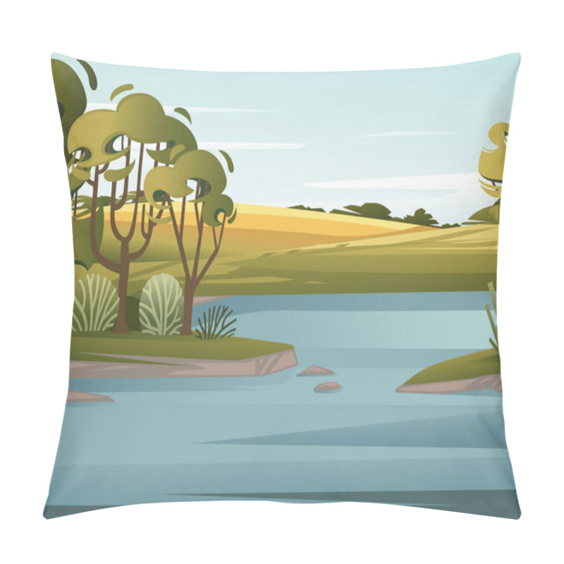 Personality  Landscape Of Countryside Lake With Green Grass And Trees Cartoon Design Flat Vector Illustration With Clear Sky And Hills On Background. Pillow Covers