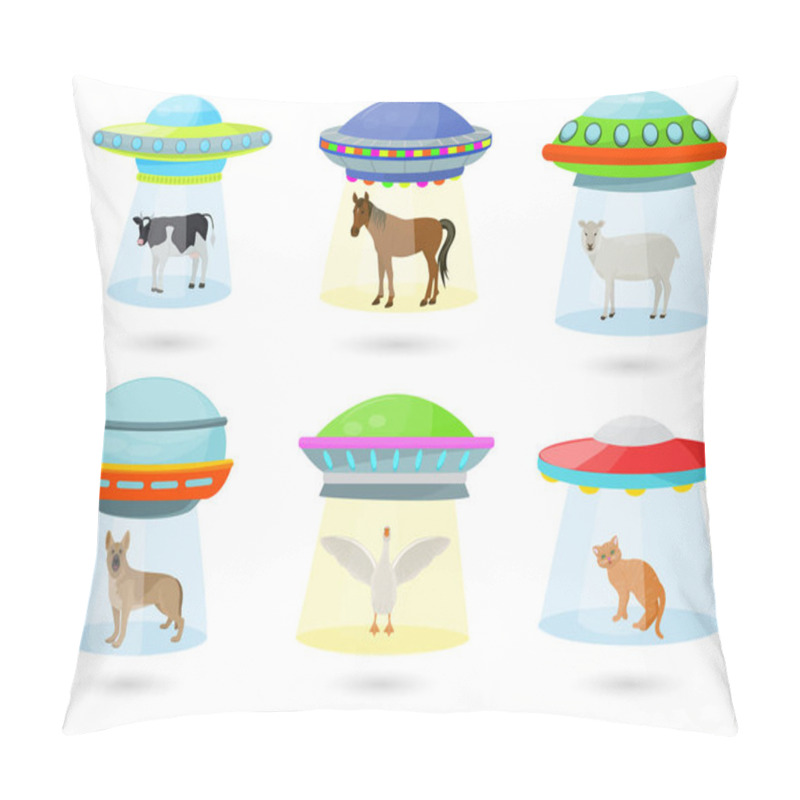 Personality  Ufo Vector Alien Spaceship Or Spacecraft And Spacy Ship With Animal Character Cat Or Pig Illustration Set Of Spaced Sbeam Of Mystery Transport In Universe Space Isolated On White Background Pillow Covers