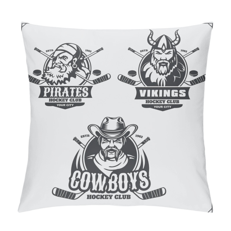 Personality   Hockey Badges, Labels And Design Elements. Sport Club Emblems With Pirate,cowboy And Viking. Pillow Covers