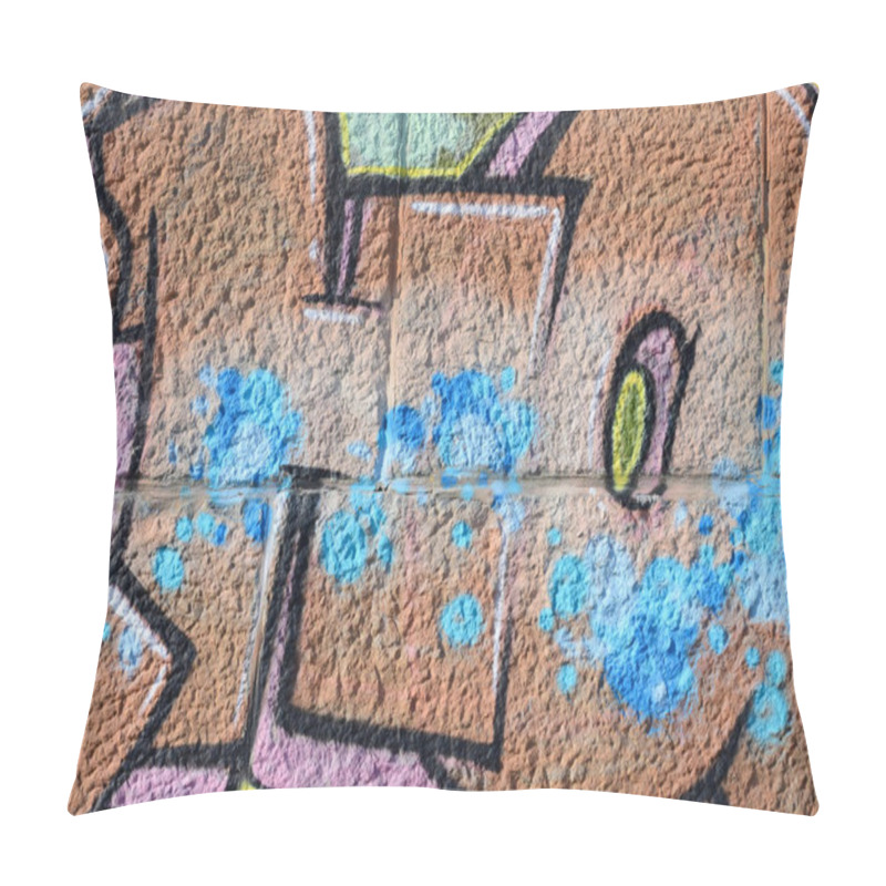 Personality  Fragment Of Graffiti Drawings. The Old Wall Decorated With Paint Stains In The Style Of Street Art Culture. Colored Background Texture In Warm Tones. Pillow Covers