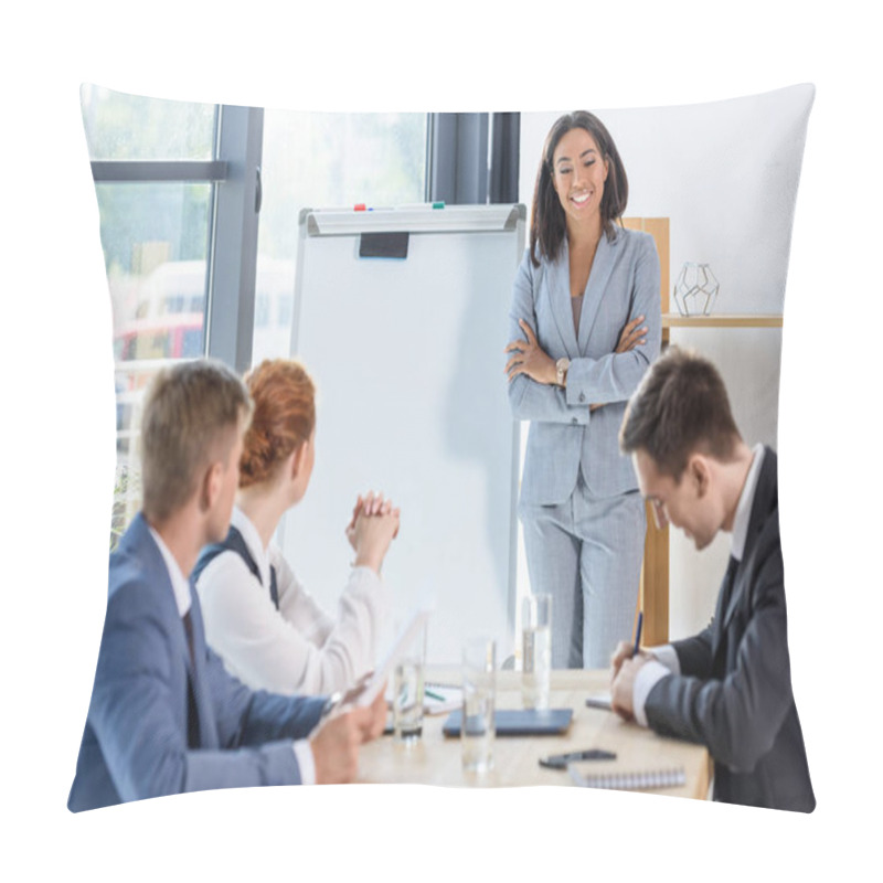 Personality  Young Businesswoman Presenting Her Idea To Colleagues In Modern Office Pillow Covers