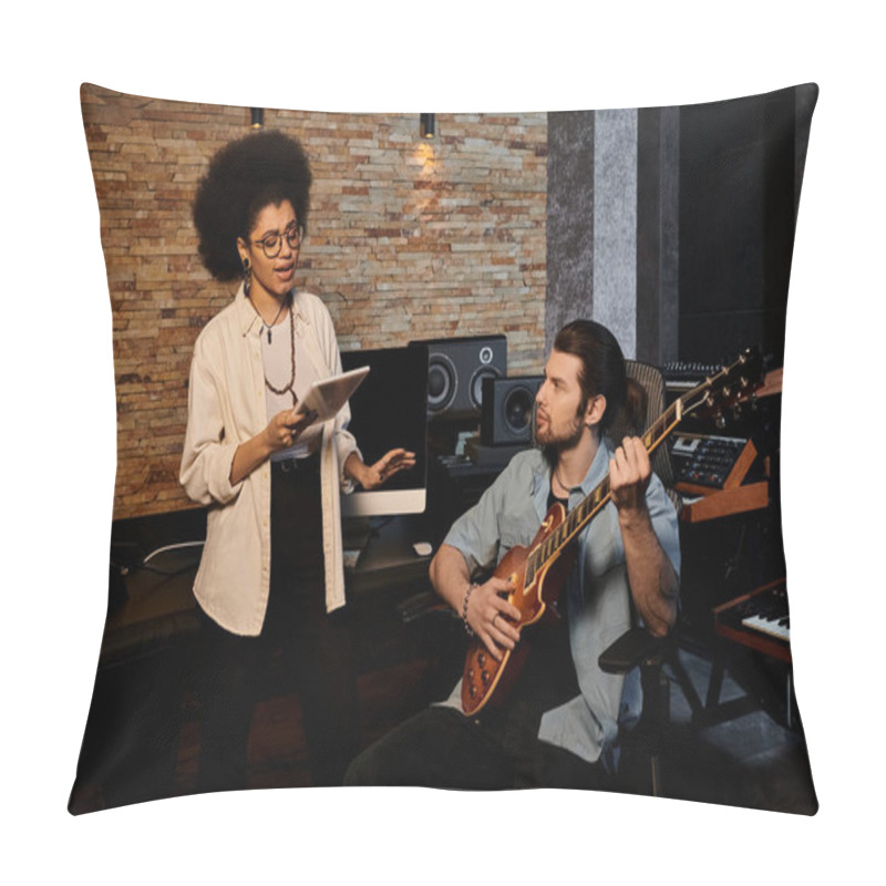 Personality  Woman And Man Collaborate In Music Band Rehearsal Within Recording Studio. Pillow Covers