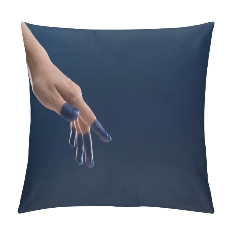 Personality  Cropped View Of Female Hand With Painted Fingers Isolated On Blue Pillow Covers