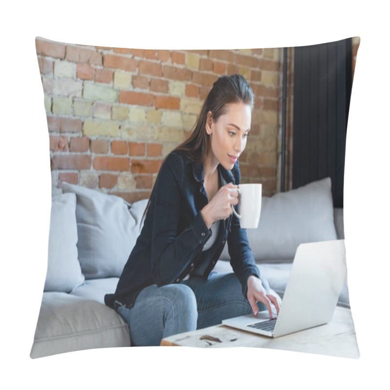 Personality  Attractive Freelancer Using Laptop And Holding Cup Of Coffee  Pillow Covers