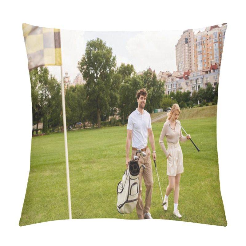 Personality  A Man And Woman Dressed Elegantly Walk On A Lush Golf Course, Embodying Old Money Style And A Life Of Luxury. Pillow Covers