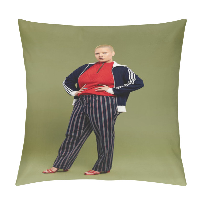 Personality  A Confident Young Bald Woman Stands In Bold Attire, Exuding Style Against A Green Backdrop. Pillow Covers