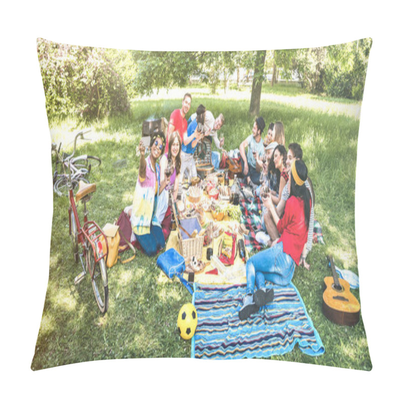 Personality  Happy Friends Group Having Fun Outdoor Cheering At Bbq Picnic With Snacks Food Drinking Red Wine - Young People Enjoying Spring Time Together At Barbecue Garden Party - Youth Milennials Concept Pillow Covers