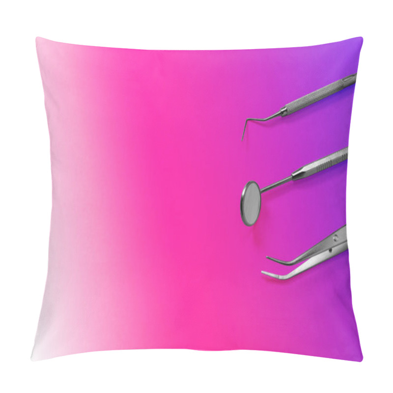 Personality  Dentist Tools: Mirror, Dental Probe And Tweezers On Purple Gradient Background. Pillow Covers