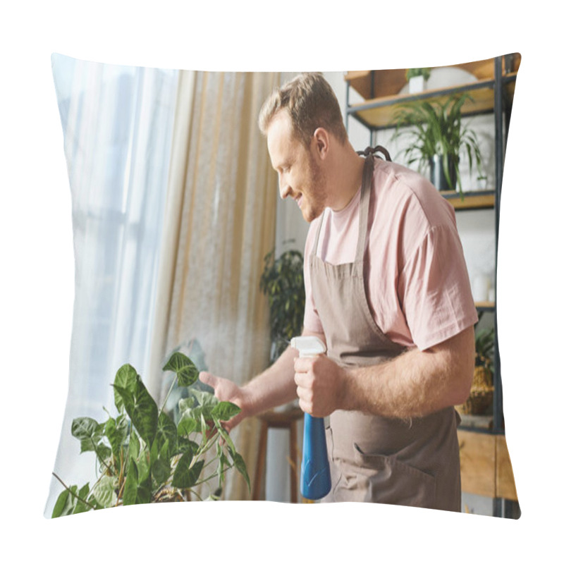 Personality  A Man Holding A Cup Of Coffee In Front Of A Potted Plant. Pillow Covers