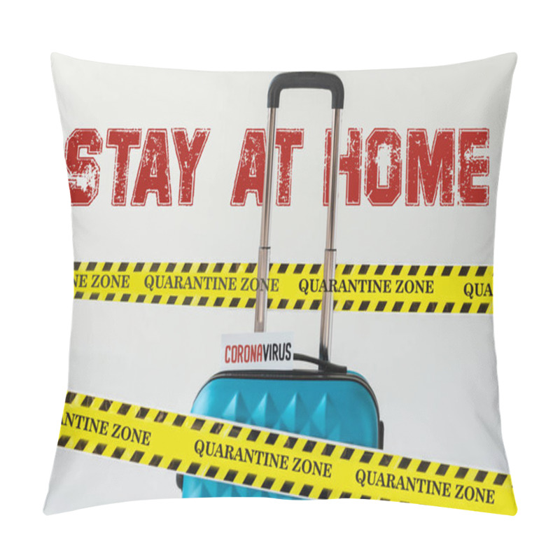 Personality  Blue Suitcase With Coronavirus Card In Yellow And Black Hazard Warning Safety Tape Isolated On White With Stay At Home Illustration Pillow Covers