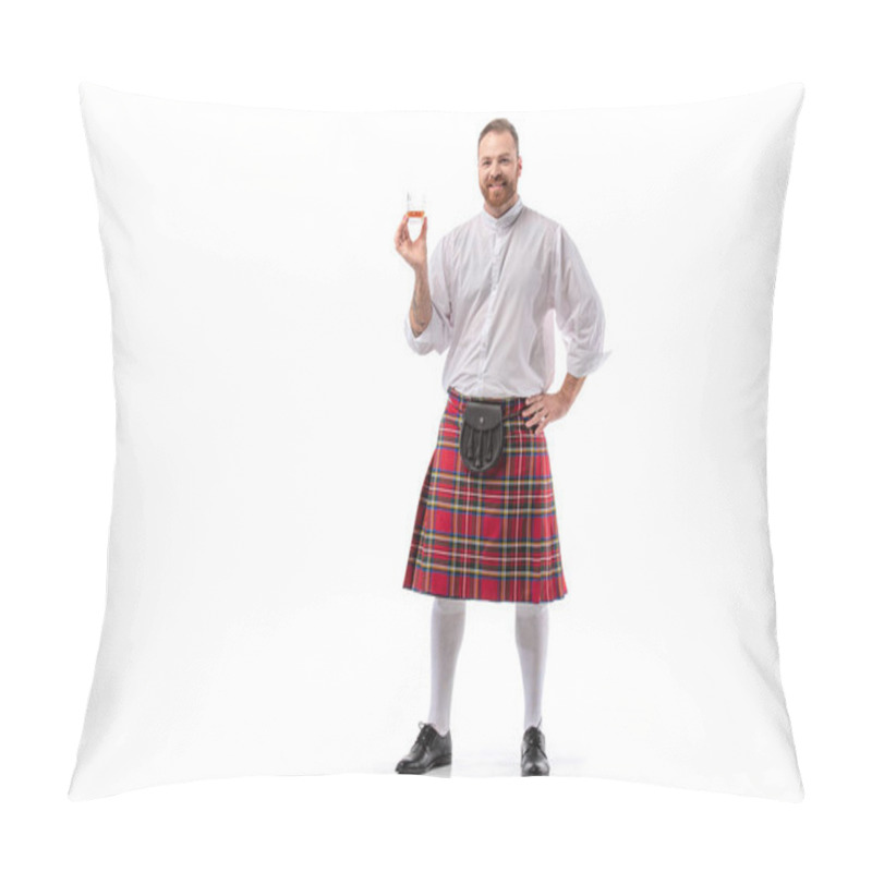 Personality  Smiling Scottish Redhead Man In Red Kilt With Whiskey In Glass On White Background Pillow Covers